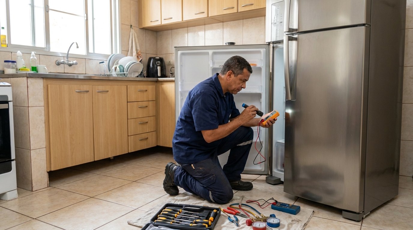 Técnico aplicando recarga de gás refrigerante em geladeira em Joinville‑SC